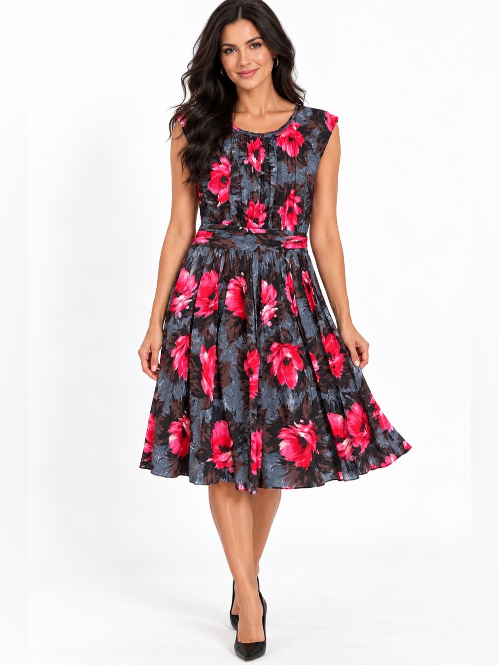 BODEN Selina Ruched Floral Midi Dress in Hot Pink and Gray